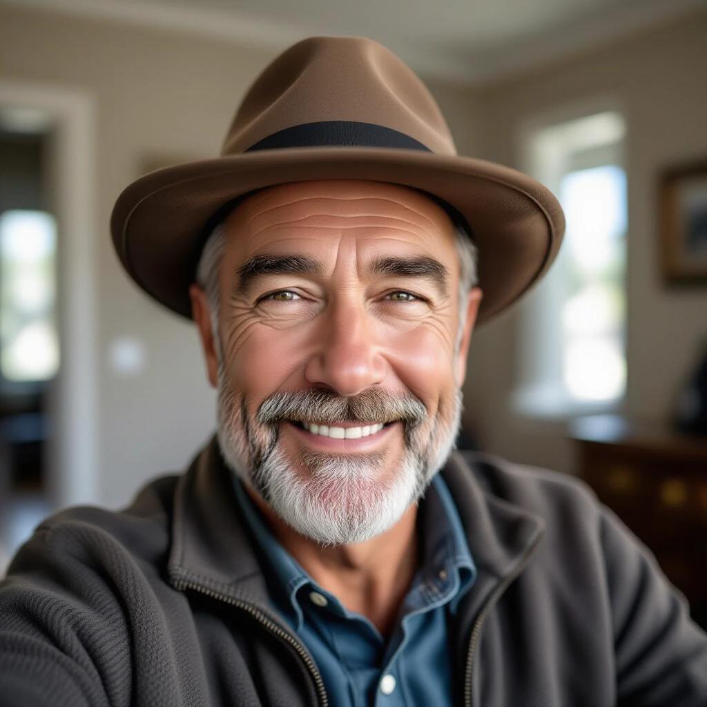 Selfie portrait of an attractive 64 year old man. The man wears a brown hat and a casual jacket. Setting has a warm and inviting atmosphere.