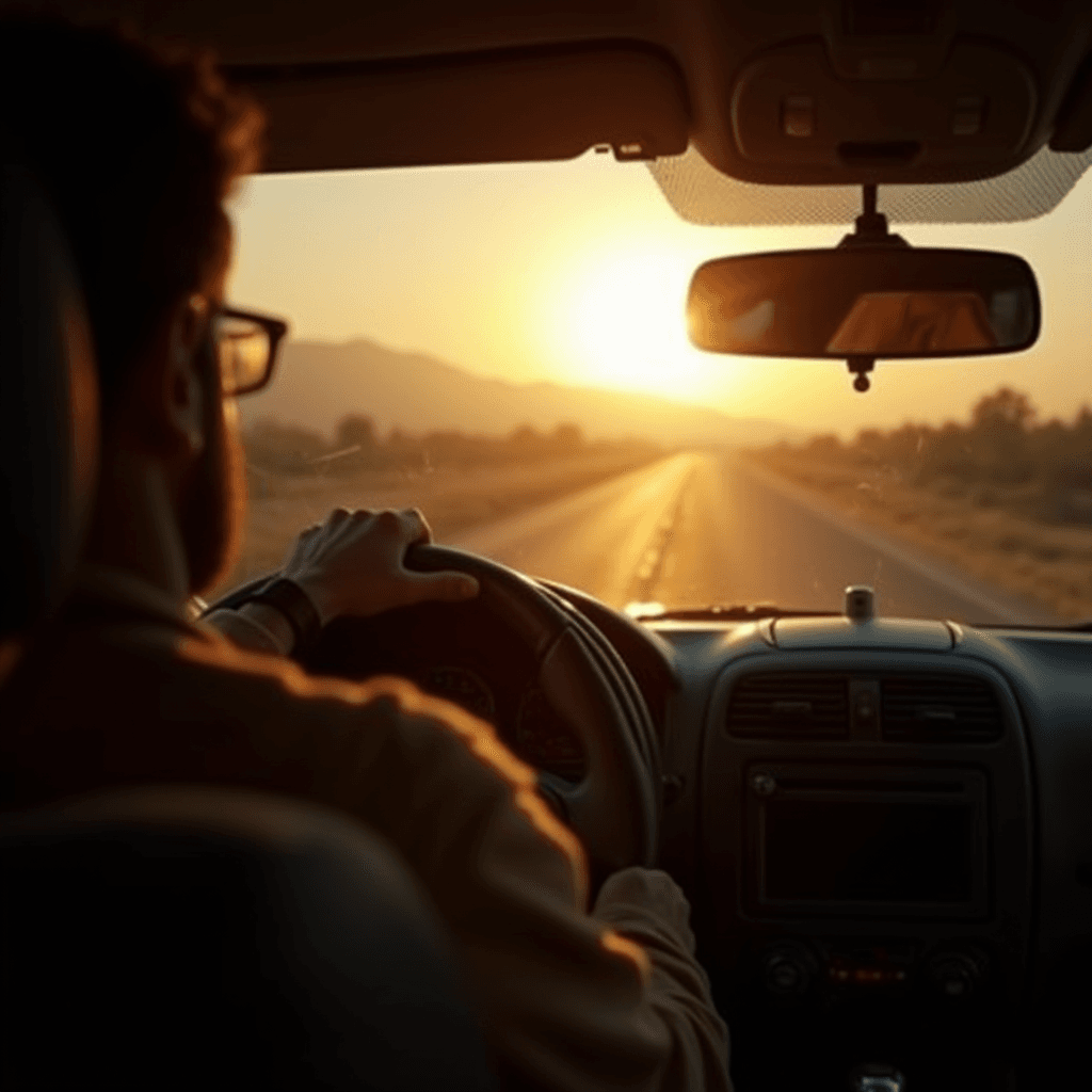 A person is driving a car during a beautiful sunset on an open road.