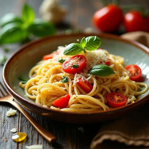 Artisanal pasta dish on a rustic wooden table. Fresh basil leaves and cherry tomatoes arranged with pasta. Soft natural light illuminates the scene. Vibrant colors enhance the dish's appeal. A vintage spoon is included for styling. Focus on the texture of the pasta and ingredients.