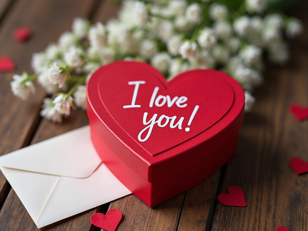 The image shows a cozy and romantic setting featuring a red heart-shaped gift box resting on a wooden surface. The box has the words "I love you!" beautifully written on it, adding a personal touch. Surrounding the box are delicate white flowers that enhance the romantic atmosphere. A few small red hearts are scattered around, further emphasizing the theme of love. An envelope is positioned beside the box, suggesting a heartfelt message inside. This setting evokes feelings of warmth and affection, perfect for a special occasion.