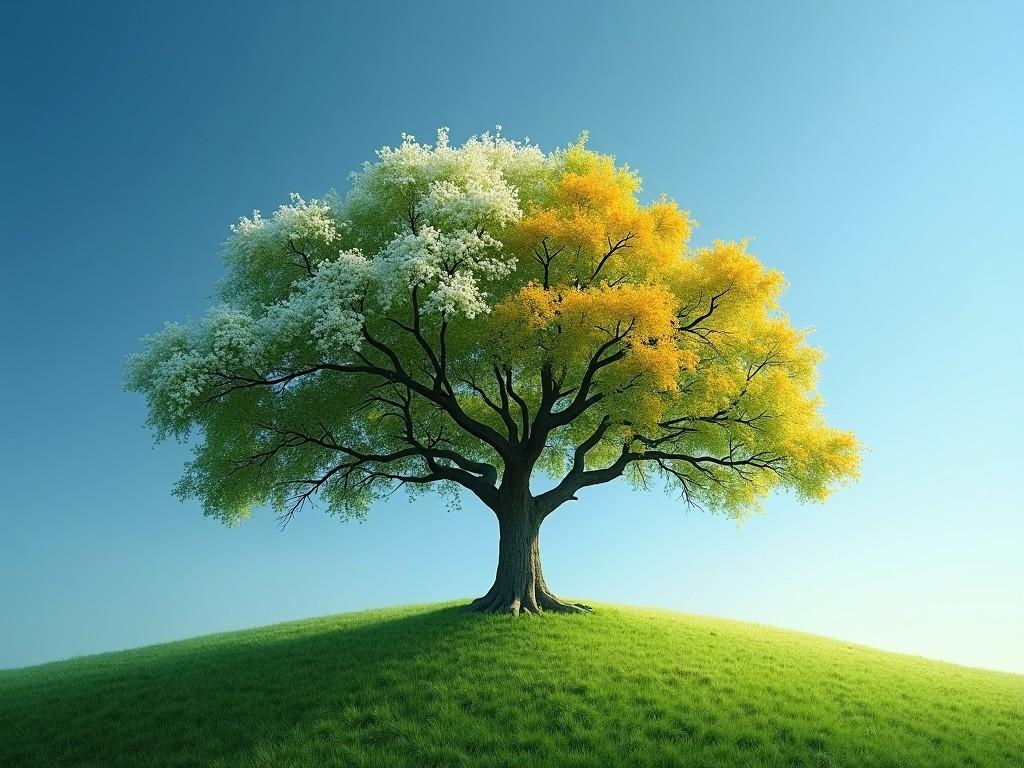 This image portrays a single tree on a grassy hilltop with its foliage split into two distinct colors: green representing spring or summer on one side, and warm yellows symbolizing autumn on the other. The clear blue sky provides a serene backdrop and enhances the contrasting colors of the leaves. The composition evokes the concept of change and the passage of time in nature.