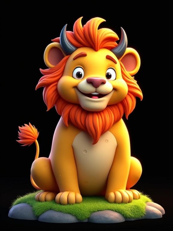 Cartoonish lion with bright orange mane and beard. Lion on a mound of moss and rocks. Lion shows cheerful expression. Lion has short curved horns. Lion wears light brown loincloth. Moss is vibrant green with dark gray rocks. Lighting focused on lion.