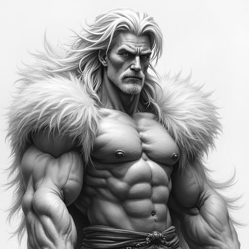 Drawing of a young man with large beast-like horns. Semi-god, half man half beast with platinum hair, appearing youthful and dressed in fantasy clothing.
