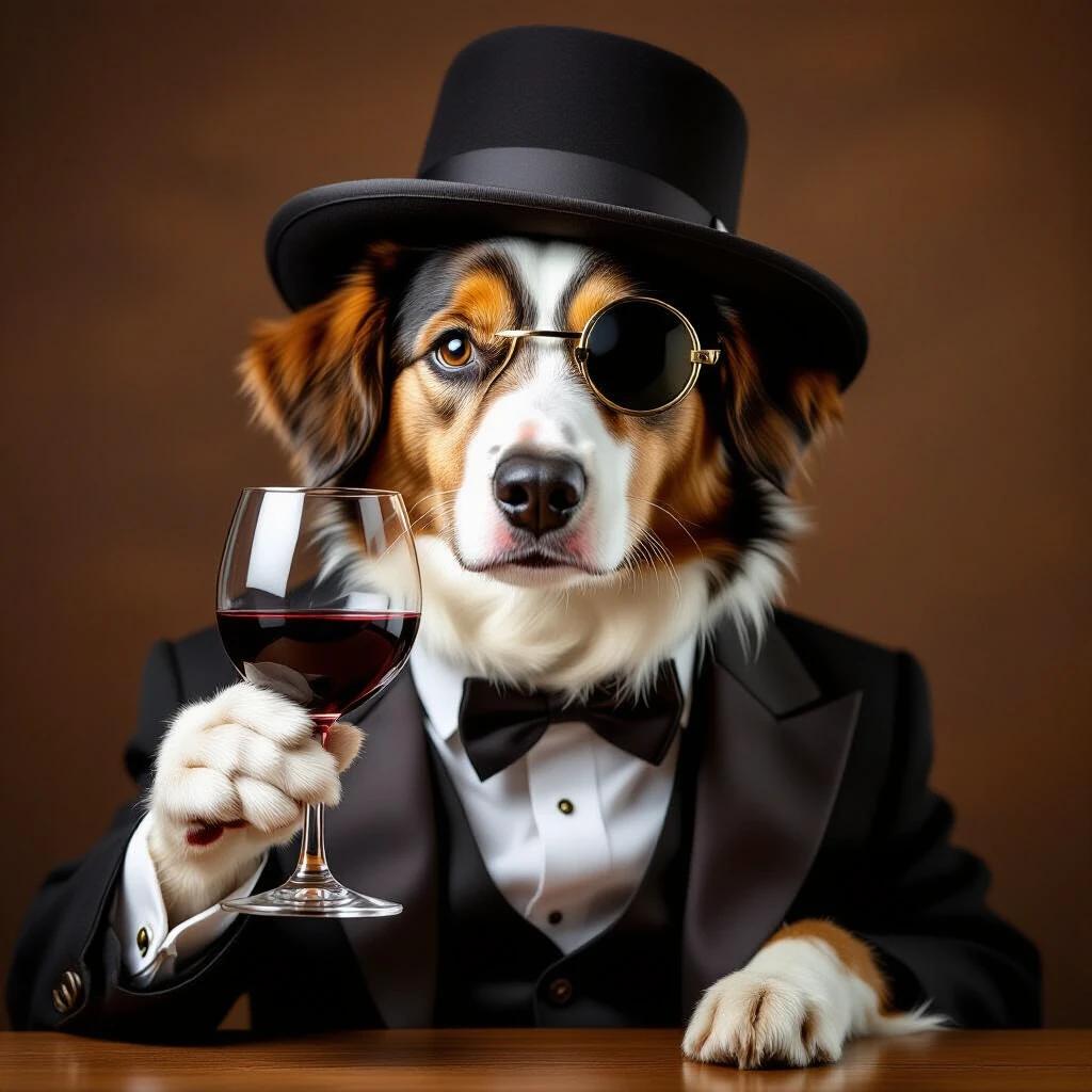 A brown dog stands wearing a tuxedo and top hat. The dog holds a glass of red wine in its paw. A monocle is placed on its face.