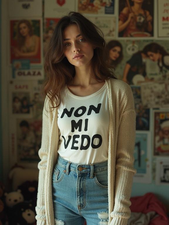 Young Italian woman wearing faded jeans and an open cardigan. The T-shirt has the text 'Non Mi Ci Vedo'. The background is filled with posters and stuffed animals. The lighting is poor, creating dull colors. The woman is heavily made-up and the image is captured in a Polaroid style.