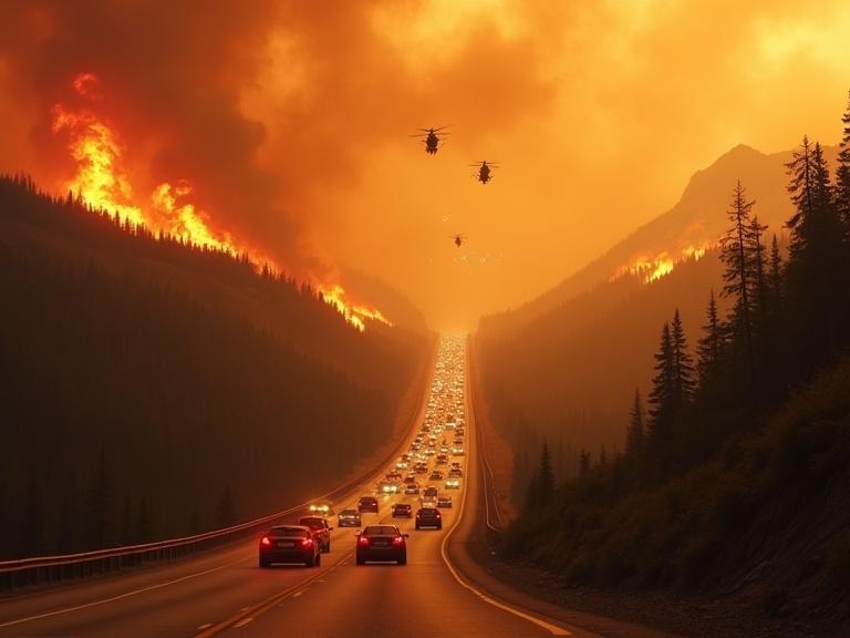 High-definition panorama of a serpentine highway descending from a mountain peak. Road winds through a forest engulfed by wildfire. Colossal walls of fire send embers and ash into the air. Thick toxic smoke fills the sky, glowing orange. Highway packed with vehicles escaping. Fiery sky reflects apocalypse. Helicopters combat the flames, scattering ash and preparing to drop water.