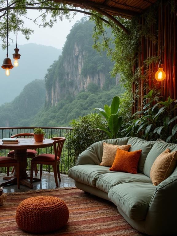 Image depicts a mountainside balcony with a cozy, bohemian design. The balcony features a soft green sofa with accent pillows. There is a round burnt orange pouf and a wooden coffee table. The area includes a dining table with chairs and a view of lush greenery and mountains.