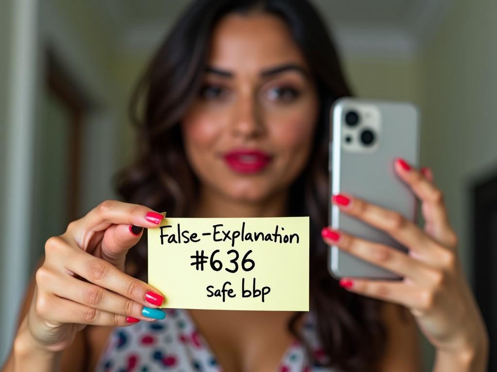 A woman with long, dark hair is taking a selfie while holding a yellow note. The note has writing on it that says 'False-Explanation #636 safe bbp.' She is wearing bright nail polish, with different colors on each finger. The photo has a relaxed and casual vibe, with soft lighting that enhances her face. The background is a soft, blurred interior, giving a sense of a comfortable space. The woman's expression is confident, conveying a message of engagement in social media.