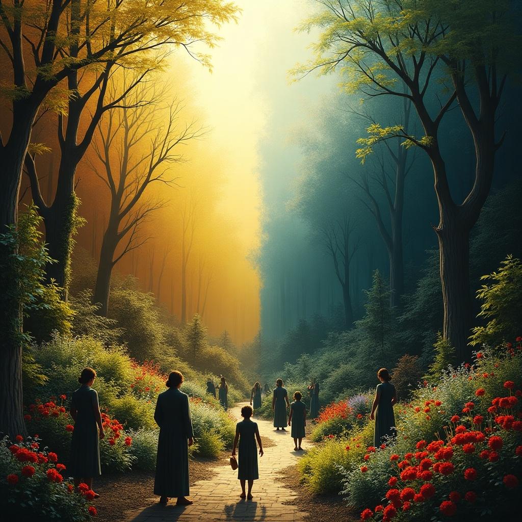 A mystical forest scene with tall trees and vibrant flowers. People of different ages walking on a pathway. Golden and cool blue lighting creates a contrast.