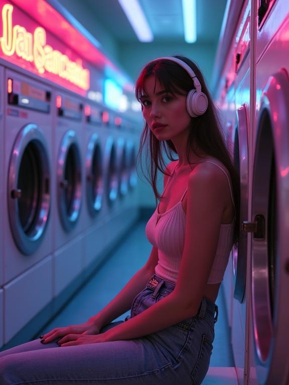 beautiful European woman with headphones in a laundromat. Woman sits on a washing machine. Neon lights illuminate the scene. Synthwave theme with a 90s Tokyo style. Muted pastel colors. Detailed focus on the woman.