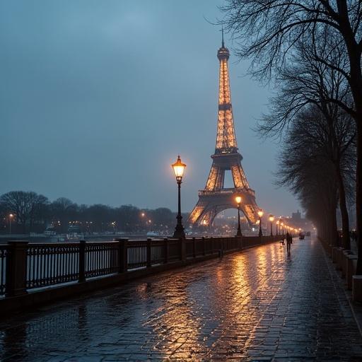 Rainy evening scene in Paris by the riverbank. Iconic Eiffel Tower glows softly. Lights cast reflections on wet cobblestones. Street lamps flicker gently, and atmosphere is quiet and romantic. Haze blurs distant city lights. Illumination comes from shining tower and dim street lamps.