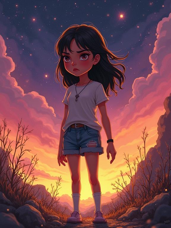 Cartoon portrait captures a starlet with deep disappointment in swirling landscape. She wears slashed clothes and stands against a starry backdrop. Warm hues of amber and gold blend with stark contrasts. Background features abstract, moving patterns. Breathtaking sharpness at 300 dpi.