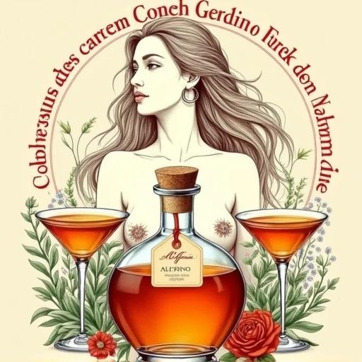 Stylized and artistic illustration. Central bottle with golden-reddish herbal liqueur. Cork lid and hang tag labeled ALFRUNO. Bottle glows softly. Two elegant stemmed liqueur glasses filled with the same liquid. Surrounded by green herbs, wildflowers, and rose. Above the bottle, a large line drawing of a woman's upper body with long hair. She has hoop earrings. Background muted beige. Circular red text reads 'Genuss aus dem Garten der Natur - wild und besonders'. Layout is symmetrical and balanced.