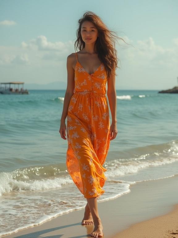 Beautiful woman wearing a floral sundress walking along the shore of a beach. The sun is shining, and the ocean is calm with gentle waves.