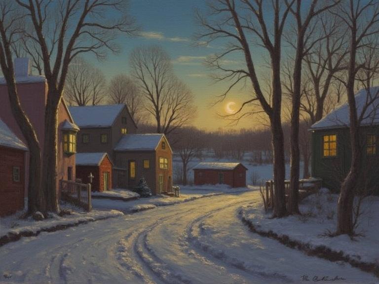 A serene spring night scene depicting a quiet village covered in snow. The moon rises above houses reflecting warm light. A winding road hints at a tranquil atmosphere. Trees stand bare against the backdrop of dusk. Soft colors enhance the calming effect of the painting.