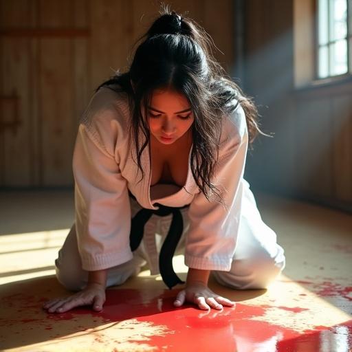 A female karate fighter kneels on the dojo floor. Elbows touch the ground. She looks down at red spots. Black hair clings to damp skin. Wearing a karate gi. Sunlight reflects on the floor.
