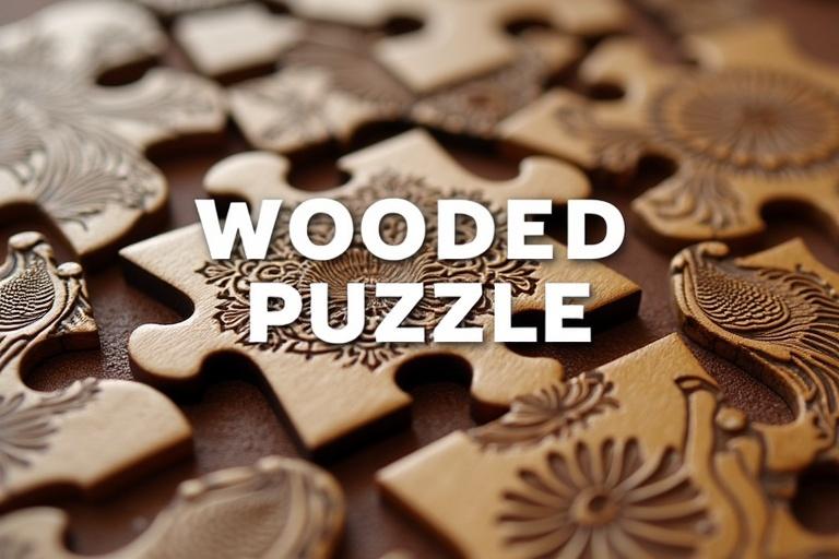 Close-up of interlocking wooden puzzle pieces with intricate carvings of peacocks and lotuses. Style photorealistic. Colors natural wood tones. Background soft texture of Indian art. Text overlay 'WOODEN PUZZLE'.