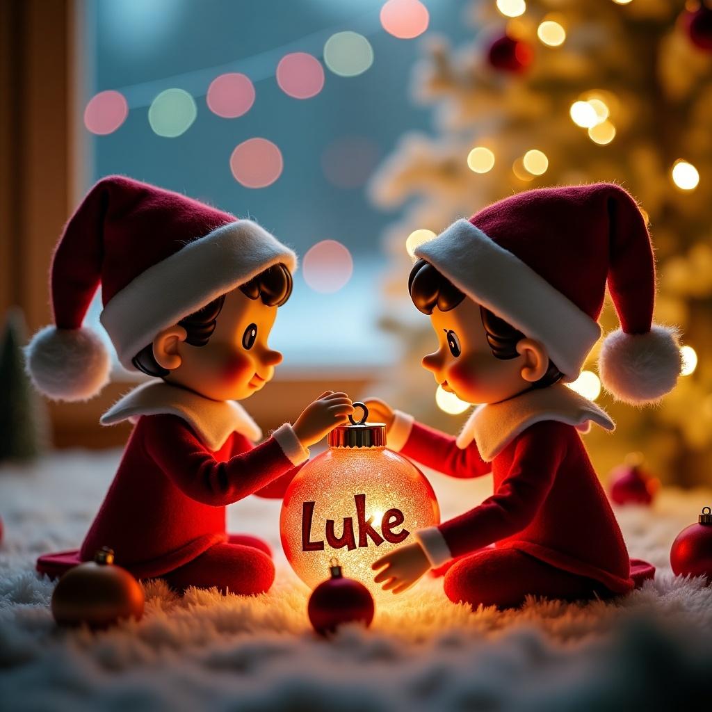 The image features two adorable Christmas elves sitting closely together, each wearing matching red outfits with white trim and festive hats. They are intently focused on a sparkling bauble on the ground, which is personalized with the name 'Luke'. Surrounding them are soft, fluffy decorations reminiscent of winter magic. In the background, a beautifully lit Christmas tree twinkles with soft colors, adding warmth to the scene. This heartwarming moment captures the joy of the holiday season, making it perfect for various festive applications.