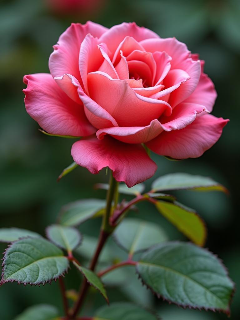 Single detailed Eden Rose Park Rose with intricate petals and leaves. The rose stands tall on a green stem. The petals show various shades of pink. Leaves are green and well-defined. Natural lighting highlights the flower's beauty.