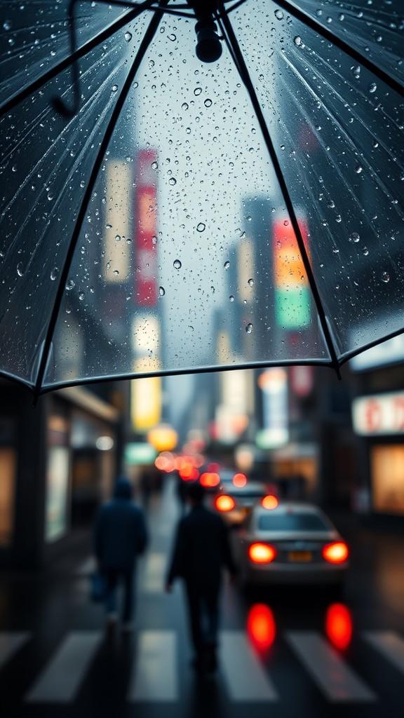 A blurred city street seen through a rain-speckled umbrella.