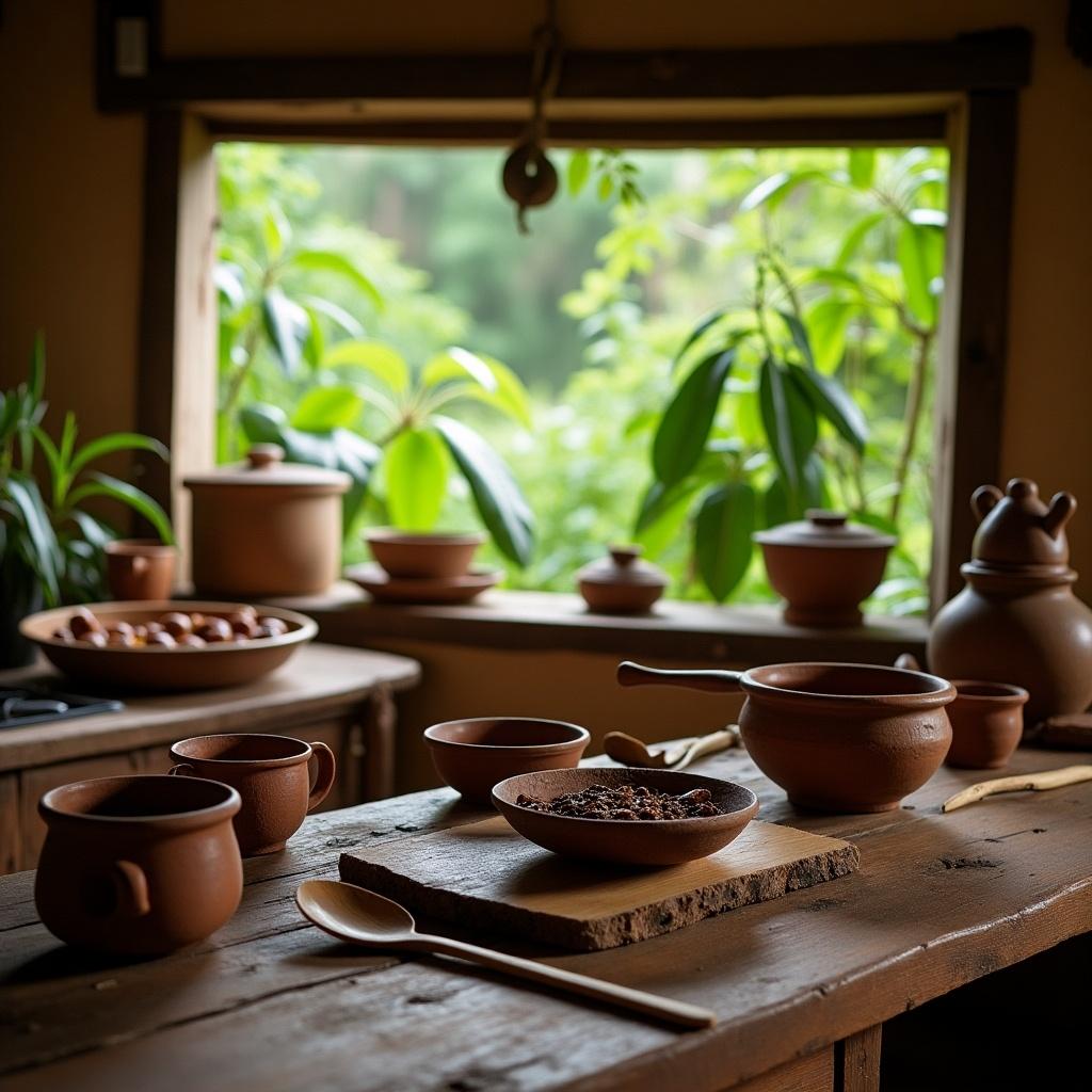 Image showcases a Kerala style old kitchen with rustic pottery and natural textures. Soft lighting illuminates the space surrounded by greenery.