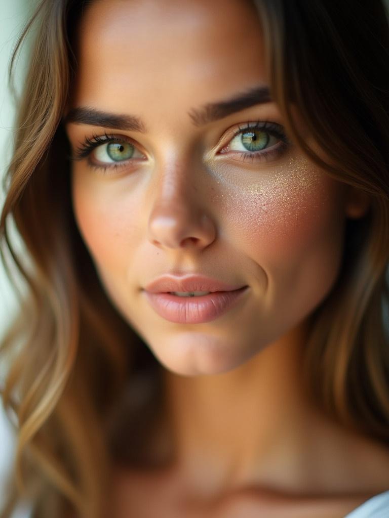 Close-up portrait of a beautiful young woman. Striking green eyes with soft, natural makeup. Warm lighting creates a serene atmosphere. Inviting expression showcasing natural beauty. Background is blurred to emphasize features.