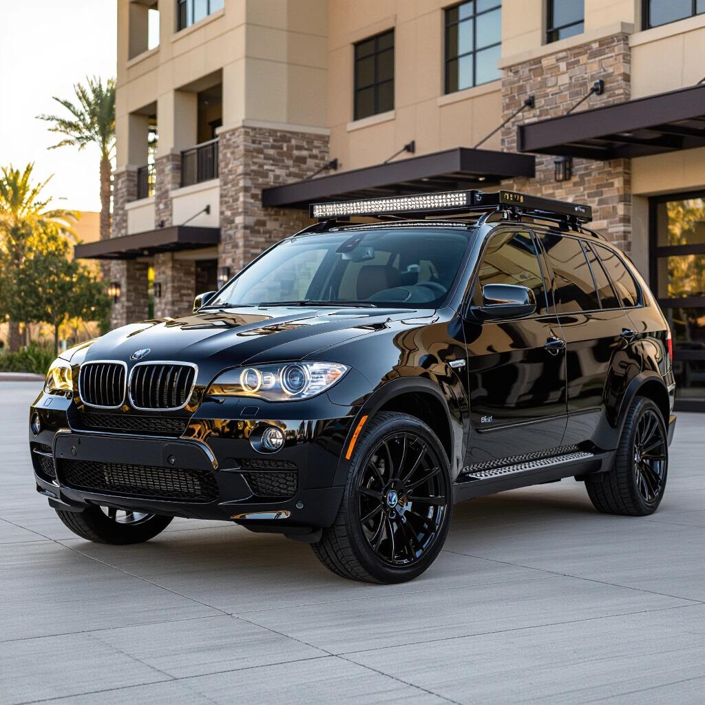 A 2003 black E53 BMW X5 parked outside a modern building. The vehicle is equipped with a light bar and has a sleek design. The setting features palm trees and stone architecture.