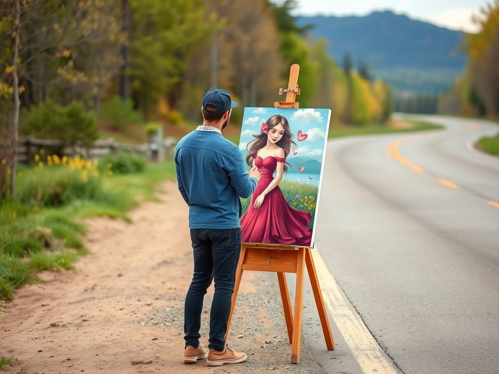 A man painting a vibrant portrait of a woman in a red dress by an open road.