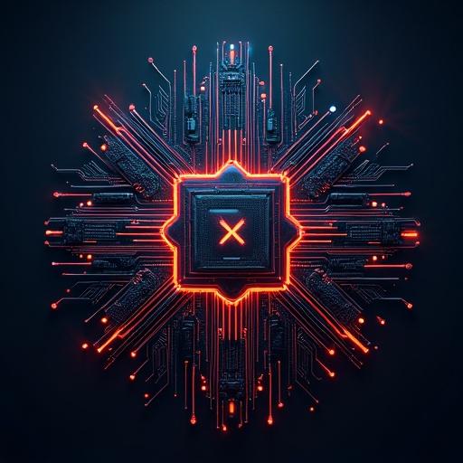 Cyberpunk emblem featuring a central motherboard chip. Design includes circuits and connections radiating outwards. Colors are neon blue and red, emphasizing a futuristic aesthetic.