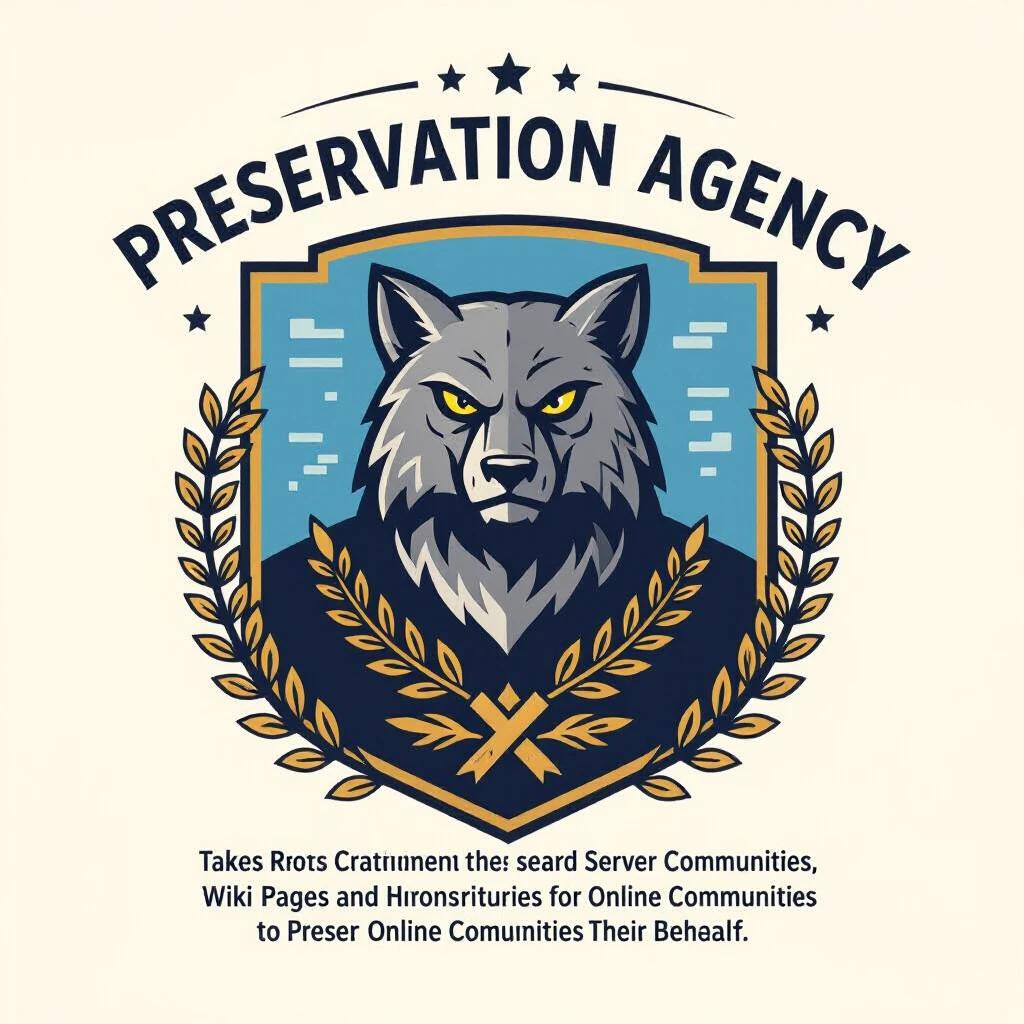 Logo design for preservation agency featuring a strong wolf symbol. Emphasis on authority and community preservation. Shield shape with blue and gold colors. Simple yet impactful design.