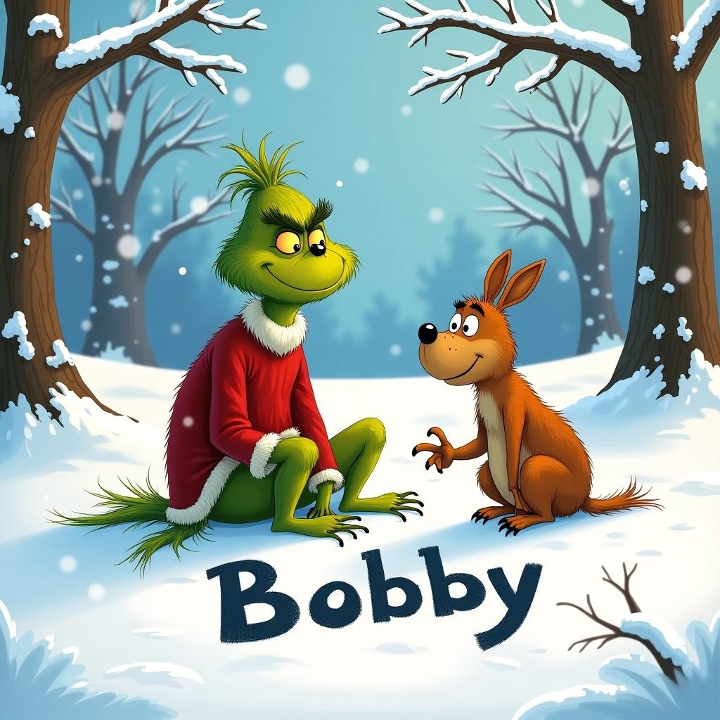 The image features the iconic Grinch character sitting in a snowy landscape alongside his loyal dog, Max. The Grinch is dressed in his famous red coat, and they both appear engaged in a playful moment. In the snow, the word 'Bobby' is whimsically written. The scene is filled with soft snowflakes gently falling, creating a winter wonderland effect. Surrounding trees add to the wintry feel, making it a perfect holiday-themed illustration.