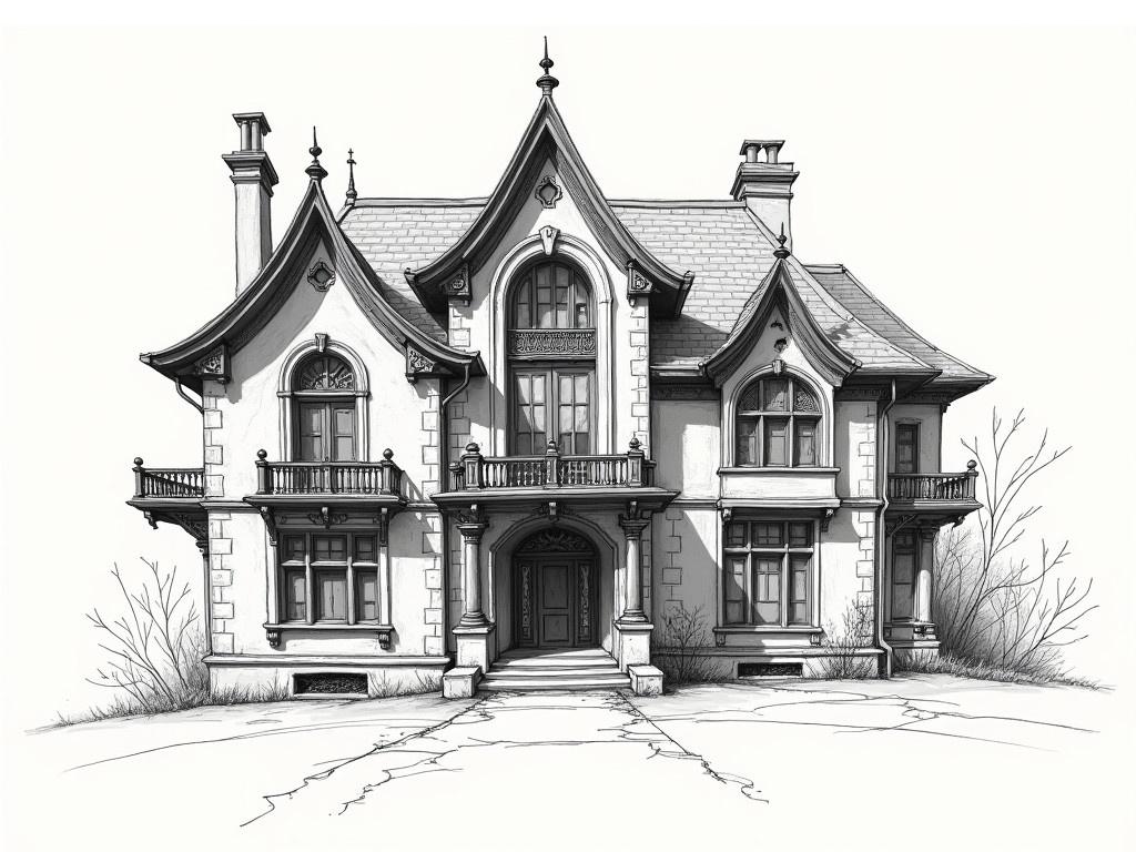 This image depicts a rough sketch of a beautiful building that appears to be a large mansion. The structure features two distinct sections, with one side showing a tall arched entrance. Above the entrance, there are ornate balconies with decorative railings. The rooflines of the building are shaped with pitched roofs, adding an elegant touch. Large windows with intricate designs can be seen on both levels of the mansion, giving a glimpse of the architectural details. The sketch captures a classic style blending traditional and luxurious elements, illustrating an impressive design. Shadows and lines illustrate depth, indicating the artist's vision of a grand estate.