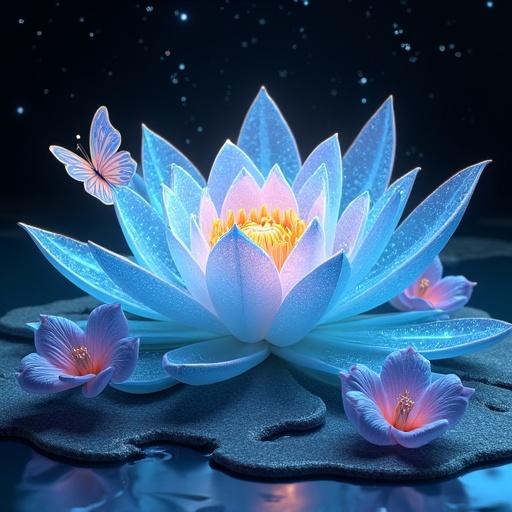 Digital 3D render of a surreal floral scene with a glowing cerulean lotus at the center and smaller orchids plus starflowers surrounding it. Petals have microscopic iridescent filaments and a butterfly with opalescent scales hovers nearby. The base shows a marbled terrain reflecting light. Above is a charcoal-black sky with constellations and a comet. Fine details echo Salvador Dali's surrealist influences.
