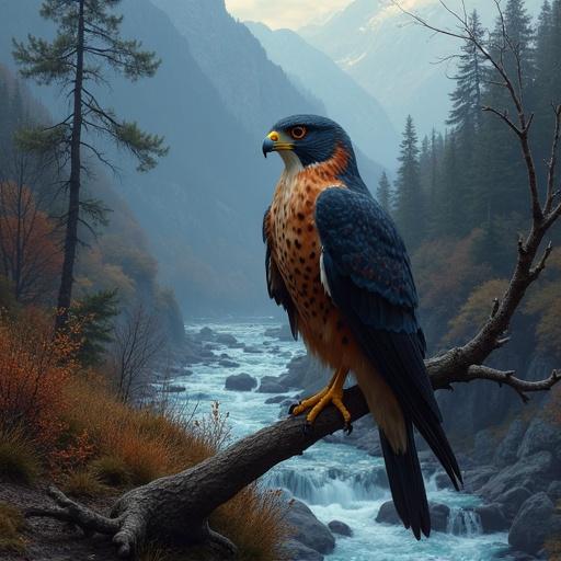 A hyper-realistic digital artwork showcasing a Peregrine Falcon sitting on a branch. The scene depicts a Swiss Alps rocky rapids river in a deep valley during autumn. The setting features a foggy atmosphere and captures the ethereal essence of nature. The artwork combines styles from notable artists creating a masterpiece vibe.