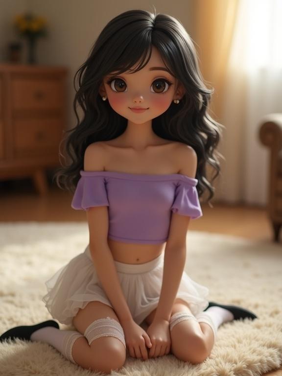 cellphone photo of a slender girl with glossy black hair styled in loose waves kneeling on a plush cream rug in a warmly lit living room. She wears a snug lavender off-shoulder crop top and a high-waisted white skirt. The skirt ends just above sheer thigh-high socks edged with lace. Black ballet flats rest beside her feet. Her hands rest on her thighs, fingers relaxed. She has large dark eyes and a flirty smile. Warm light highlights her smooth skin.