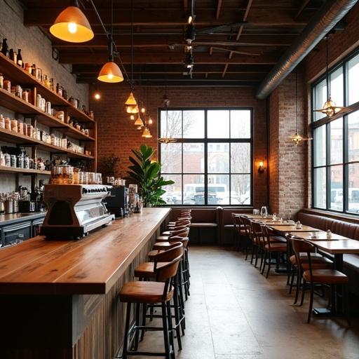 Stylish coffee shop interior design with wooden bar. Coffee equipment on display. Warm lighting from pendant lamps. Shelves contain coffee supplies. Large windows with outdoor view. Exposed brick walls and rustic timber style. Seating accommodates at least 50 chairs.