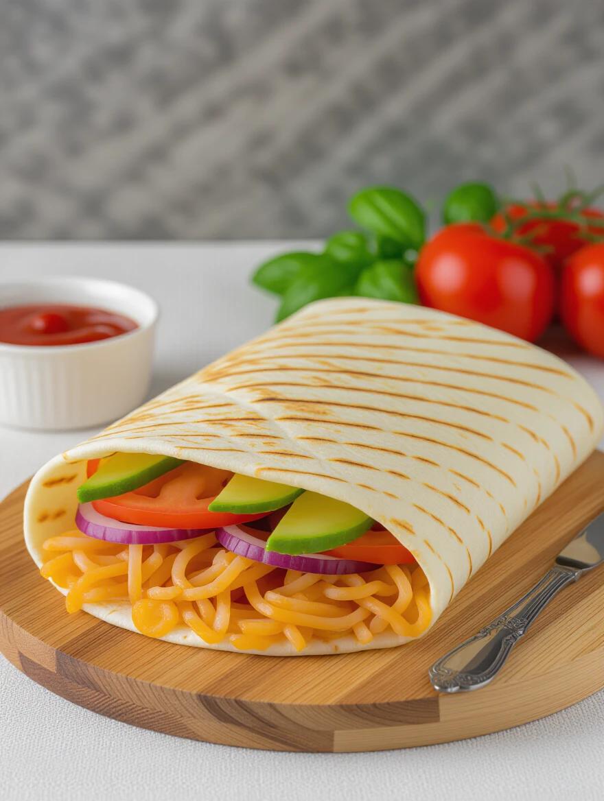 Realistic homemade shawarma cut in half. Served on a wooden cutting board. Fresh ingredients visible.