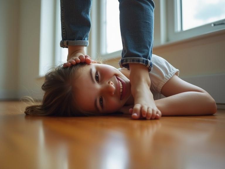Smiling barefoot girl wearing jeans is standing on the face of a friend who is laying down on a highly reflective wooden floor.