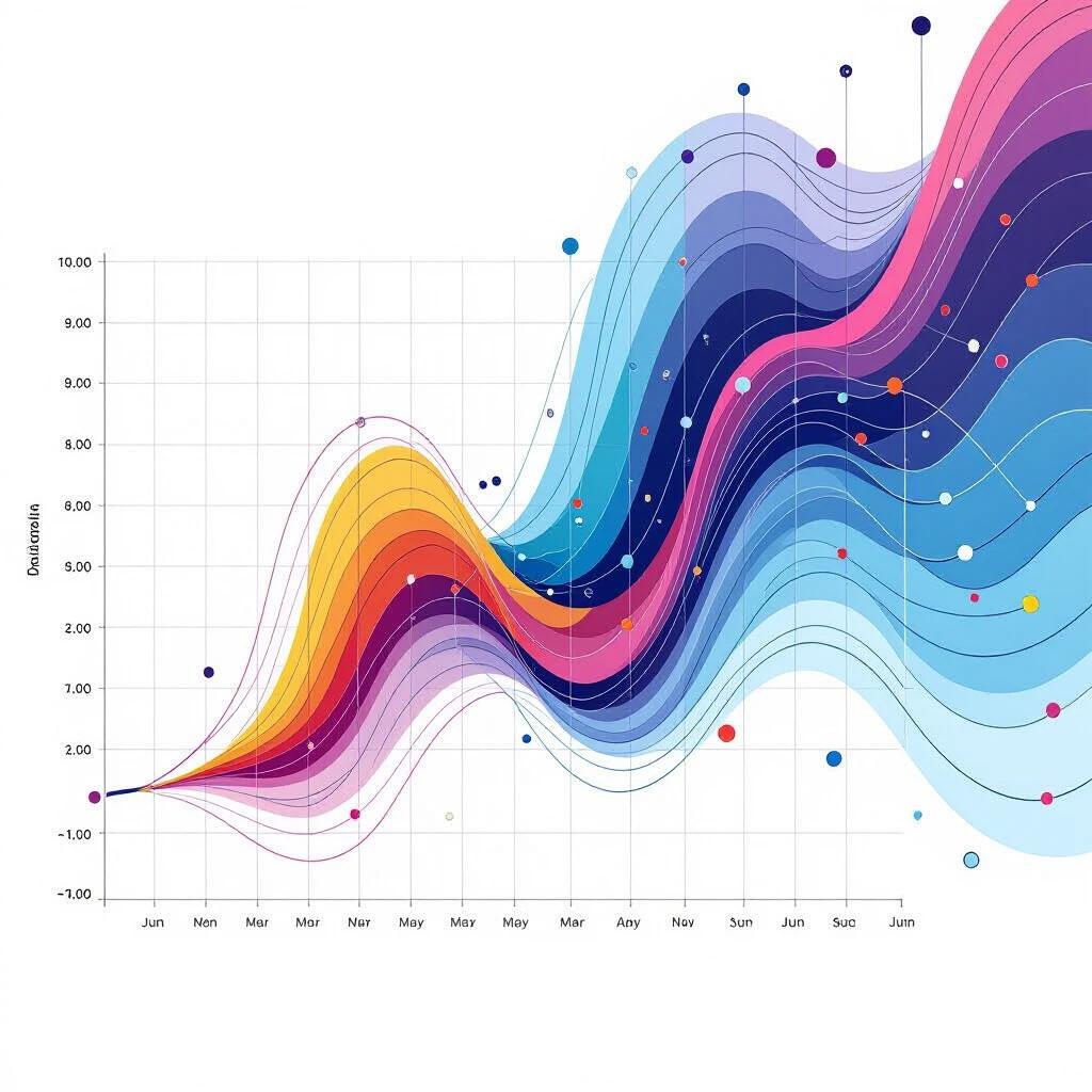 Graph represents four-dimensional data with vibrant colors and smooth curves. Various points connected by lines display different data trends over time. The graph is set against a clean background emphasizing the data representation.