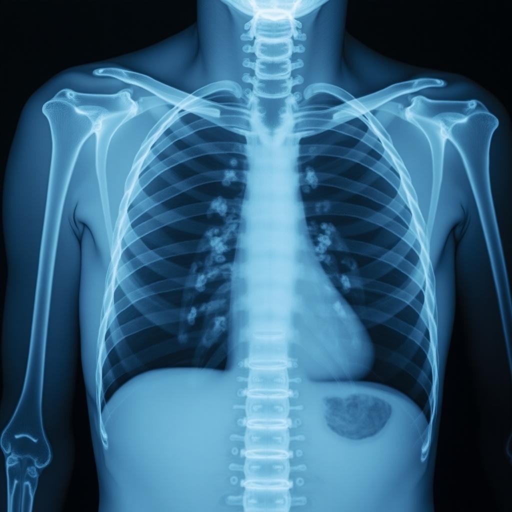 Detailed X-ray image of human chest with visible ribs, spine, and lung area.