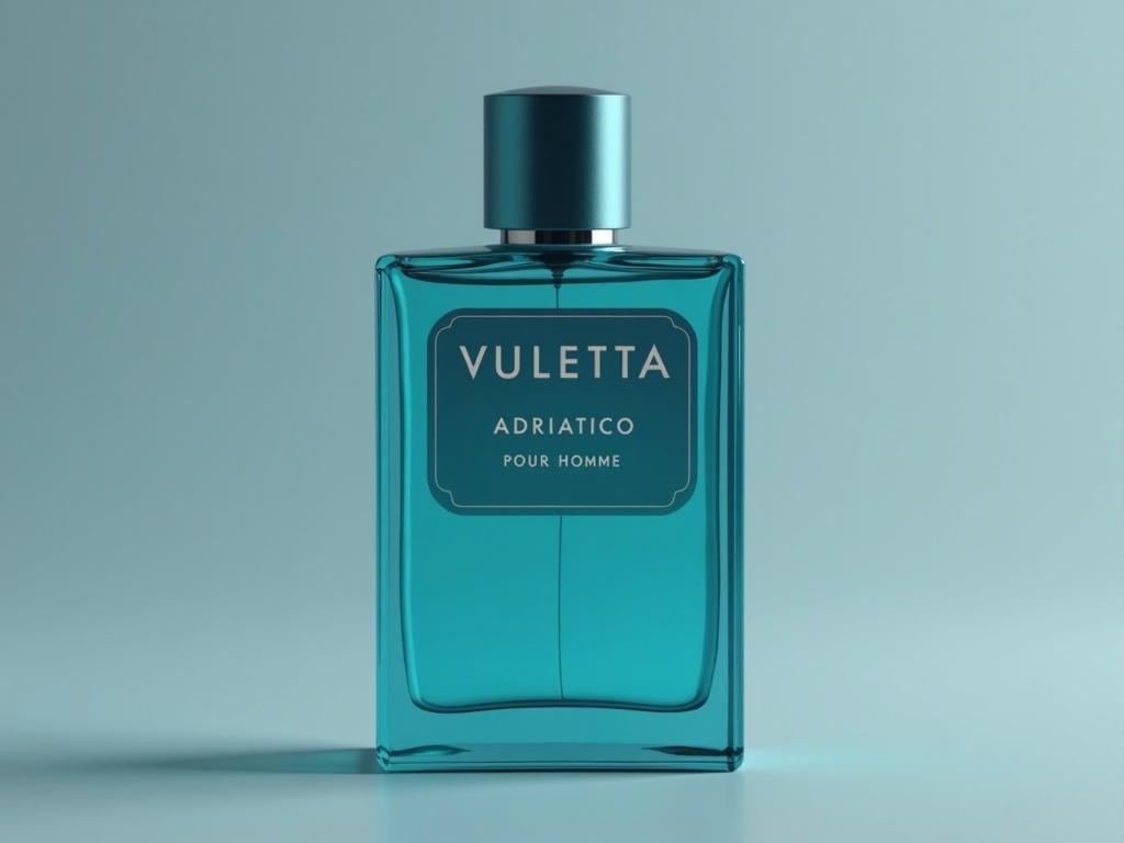 Photo shows a turquoise color perfume bottle. Background is a soft gray. Label has Vuletta in bold font. Adriatico is in the middle. Pour homme is below it. Faint silver text adds detail. Close-up shot with vibrant colors and shallow depth of field.