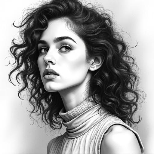 Sketch art of a young woman with curly hair. Hair styled in loose curls framing her face. Serious expression with eyes looking off to the side. Parted lips and furrowed eyebrows. Wearing a sleeveless top with a high neckline. Blurred background focusing on the woman. Somber and contemplative mood.