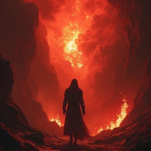 Imagined version of Dante's Inferno as a reality. A lone figure stands before a landscape filled with fire and molten lava. Dark canyon walls rise around. Intense red and orange hues dominate.