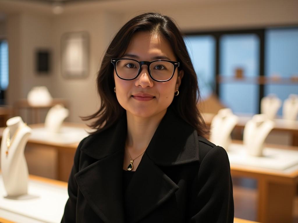 This image features a person with glasses, standing in a modern, well-lit indoor space. The background includes various display stands, some of which seem to hold items or jewelry, in a minimalist style. The person appears to have dark hair and is wearing a black coat, which adds to a professional look. The lighting is bright but soft, giving a cozy atmosphere to the scene. The expression on the person's face is neutral, suggesting a calm demeanor.