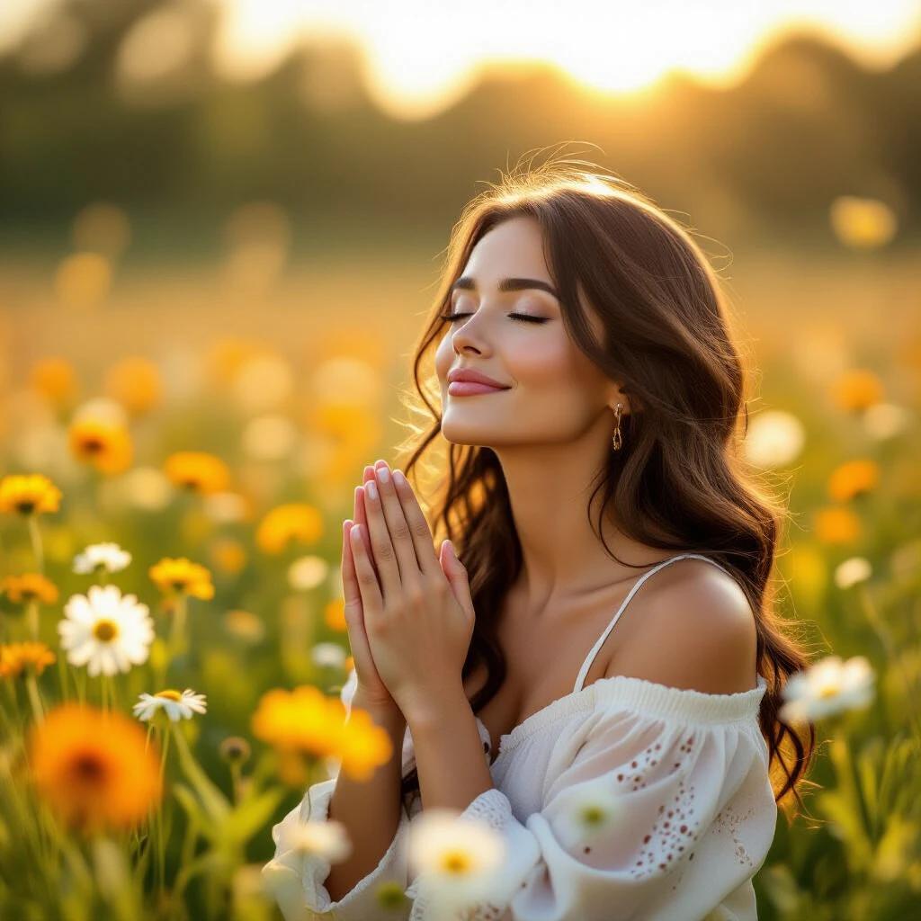 Woman in prayer position looking up surrounded by colorful flowers in sunlight. Soft colors and warm light enhance the peaceful atmosphere.