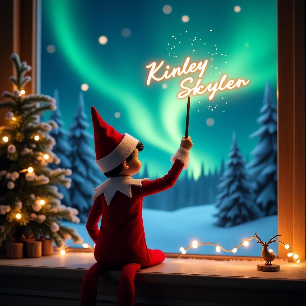 The image illustrates a whimsical Christmas scene with an elf on the shelf. The elf is dressed in traditional red and white attire, positioned facing a winter wonderland. Holding a magic wand, the elf writes the names 'Kinley' and 'Skyler' in glowing letters against a vibrant backdrop of northern lights. Surrounding the elf are festive decorations, including a Christmas tree and twinkling lights. This enchanting scene captures the excitement and wonder of the holiday season, evoking a sense of joy and magic for viewers.