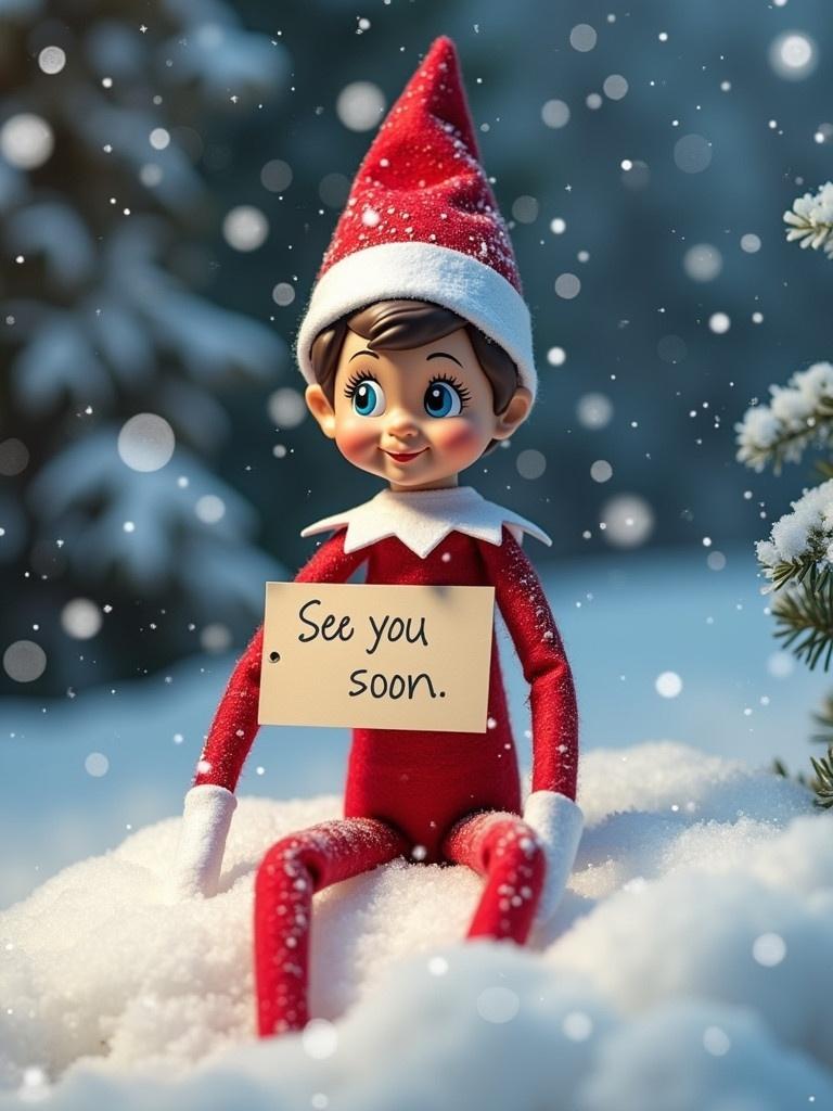 Elf figurine with a red outfit sits in snow. Elf holds sign that says 'See you soon Blake & Mason'. Snowflakes fall around the scene.