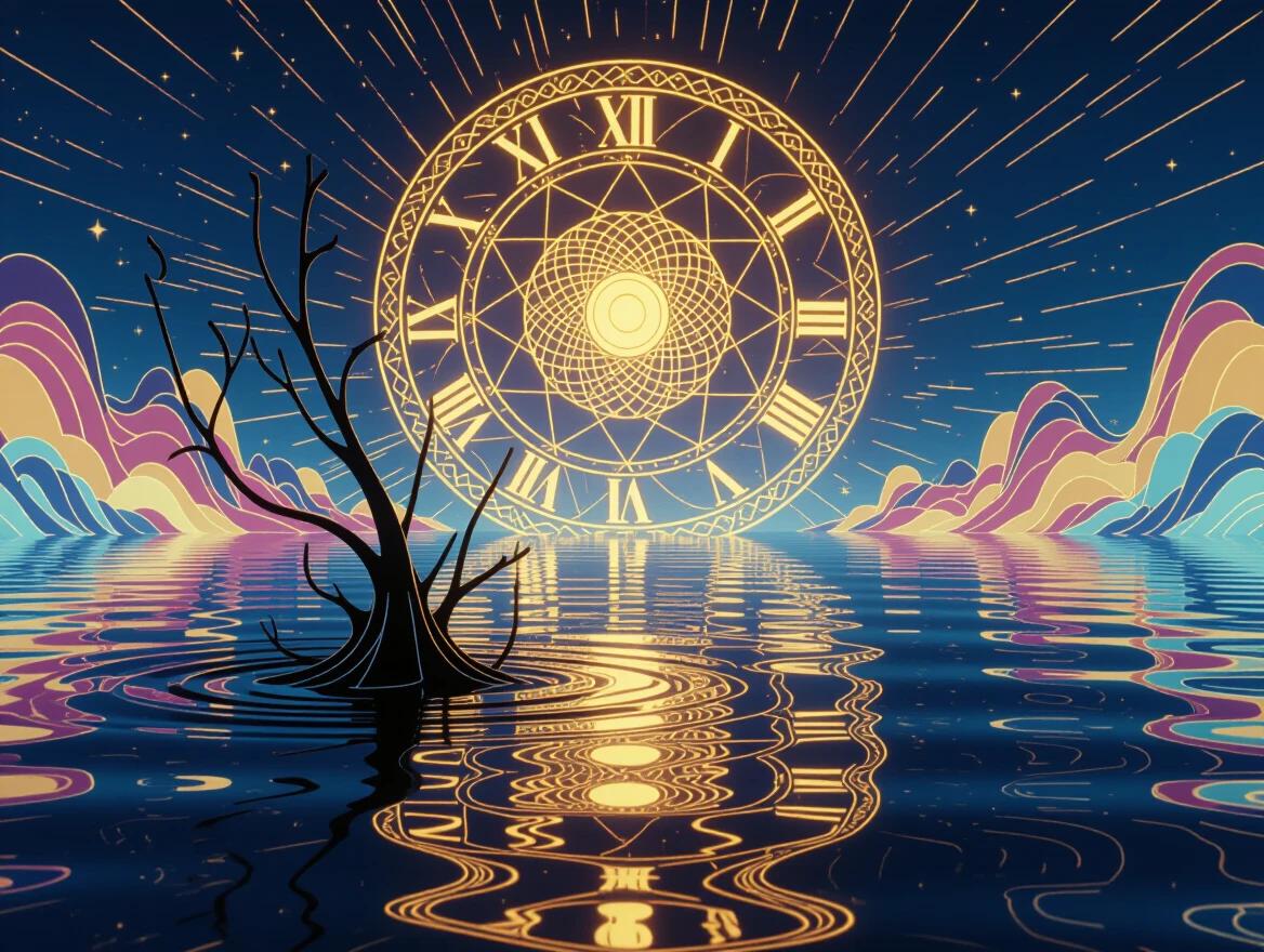 Surreal animation frame in landscape format. Foreground with fluid ink-drip animation style. Midground features shifting vaporwave collage. Background shows glowing gold leaf patterns with celestial symbols. Dynamic motion lines create cinematic timing. Stylized lighting offers parallax depth.