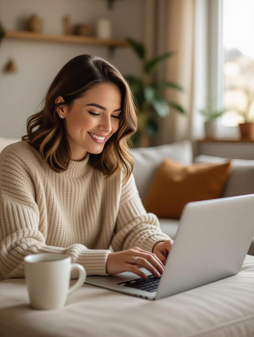 First-time mexican working mom learning digital skills on a laptop at home. Cozy living room background with a coffee mug nearby. A focused and determined look in a professional photo style. Warm and hopeful color palette with realistic textures.