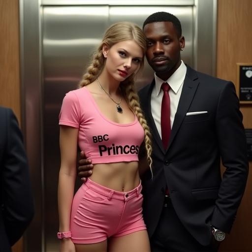 Young woman stands in elevator near boyfriend. She has long blonde braids and wears a tight pink crop top and minishorts. She appears happy and smirks. Boyfriend holds her close. A white man stands aside holding flowers.